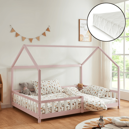 Cama de criança Hesel em forma de casa com grelha e colchão 140x200cm - Rosa en.casa