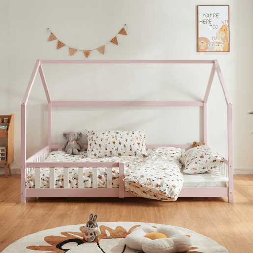 Cama de criança Hesel em forma de casa com grelha e colchão 140x200cm - Rosa en.casa