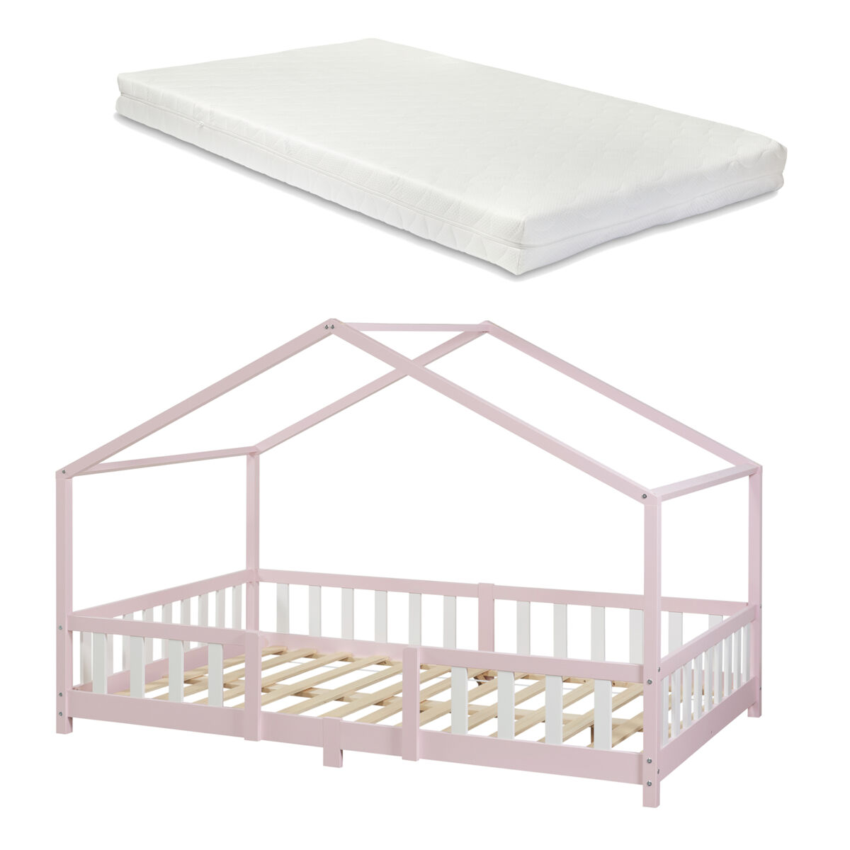 Cama para niños Treviolo forma de casa pino + colchón [en.casa] 207x146 Rosa