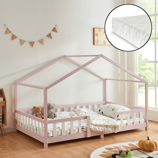 Cama de criança Treviolo forma de casa pinho + colchão 140x200cm - Rosa en.casa