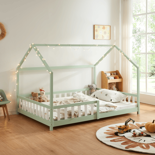 Cama de criança Hesel em forma de casa de pinho com grelha 120x200cm - Verde menta en.casa