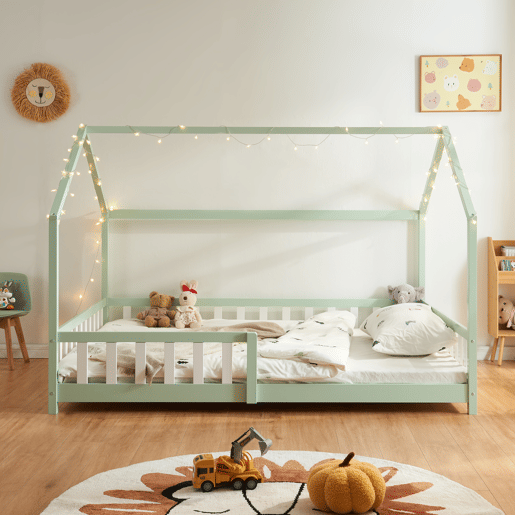 Cama de criança Hesel em forma de casa de pinho com grelha 120x200cm - Verde menta en.casa