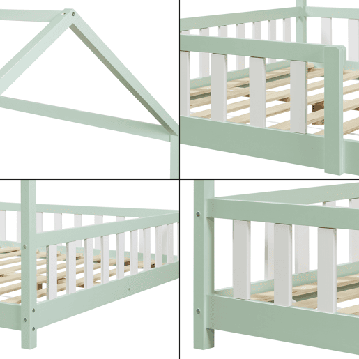 Cama de criança Hesel em forma de casa de pinho com grelha 120x200cm - Verde menta en.casa