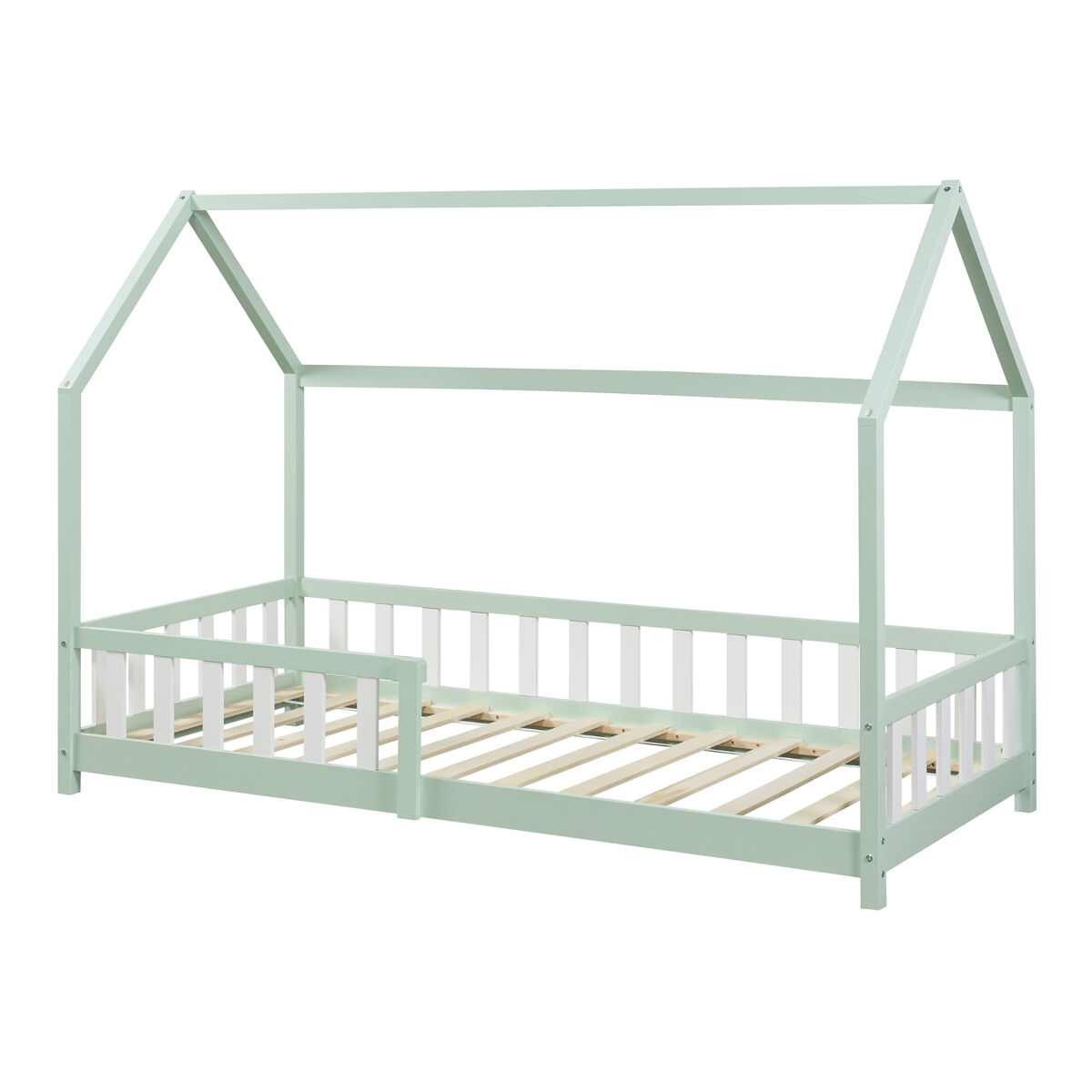 Cama infantil Hesel en forma de casa pino con reja [en.casa] 205x96 Verde