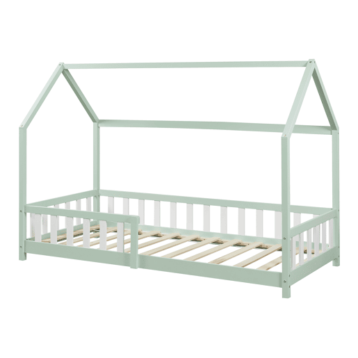 Cama de criança Hesel em forma de casa de pinho com gradeamento 90x200cm - Verde menta en.casa