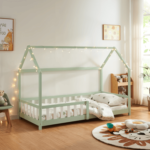 Cama de criança Hesel em forma de casa de pinho com gradeamento 90x200cm - Verde menta en.casa