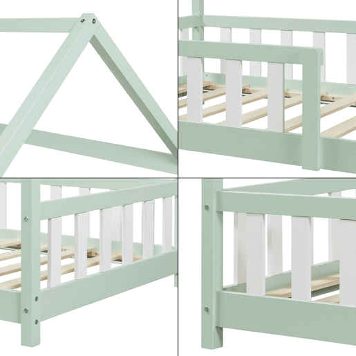Cama de criança Hesel em forma de casa de pinho com gradeamento 90x200cm - Verde menta en.casa