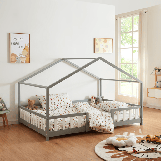 Cama de criança Treviolo em forma de casa de pinho 140x200 cm - Cinzento en.casa