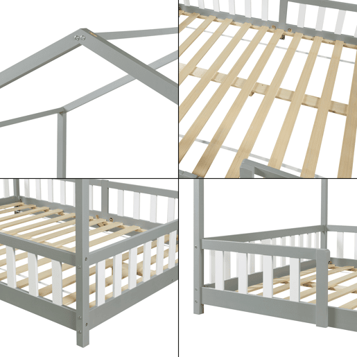 Cama de criança Treviolo em forma de casa de pinho 140x200 cm - Cinzento en.casa