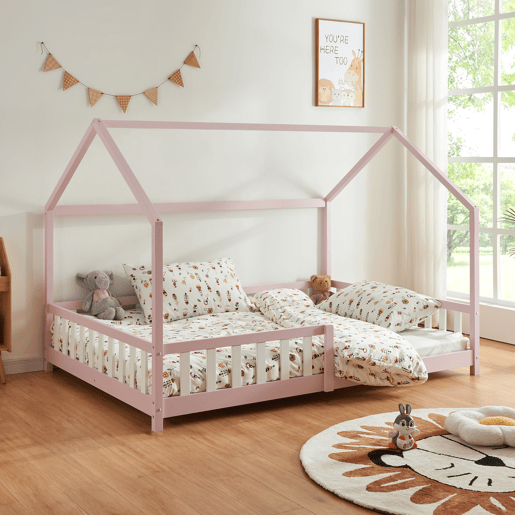 Cama de criança Hesel em forma de casa de pinho com grelha 120x200cm - Rosa en.casa