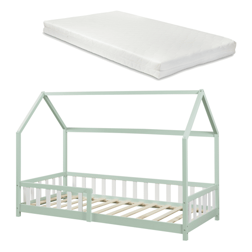 Cama de criança Hesel em forma de casa com grelha e colchão 90x200cm - Verde menta en.casa