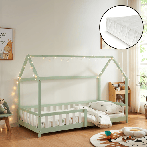 Cama de criança Hesel em forma de casa com grelha e colchão 90x200cm - Verde menta en.casa