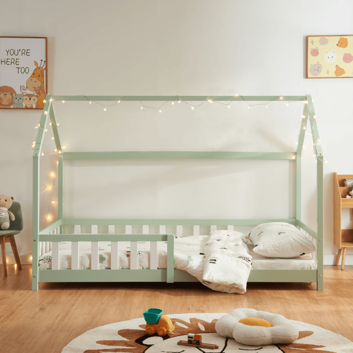 Cama de criança Hesel em forma de casa com grelha e colchão 90x200cm - Verde menta en.casa