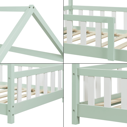 Cama de criança Hesel em forma de casa com grelha e colchão 90x200cm - Verde menta en.casa