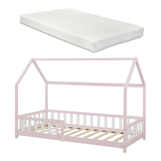 Cama de criança Hesel em forma de casa com grelha e colchão 90x200cm - Rosa en.casa
