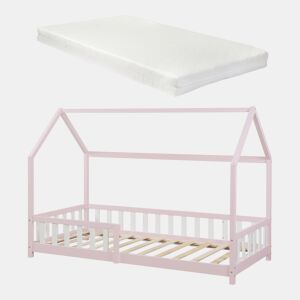 Cama de criança Hesel em forma de casa com grelha e colchão 90x200cm - Rosa en.casa