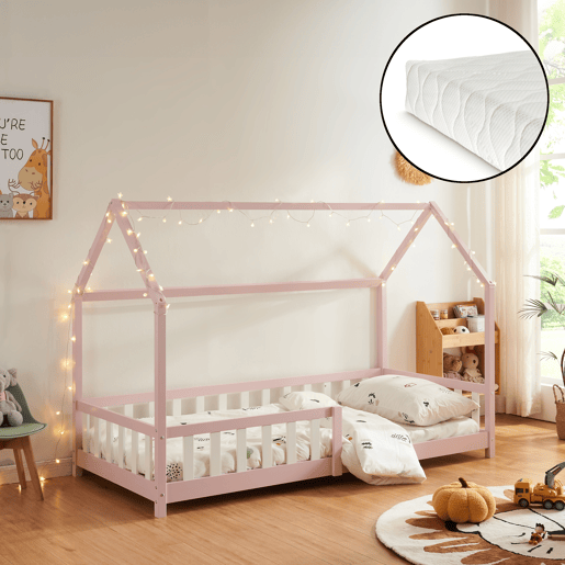 Cama de criança Hesel em forma de casa com grelha e colchão 90x200cm - Rosa en.casa