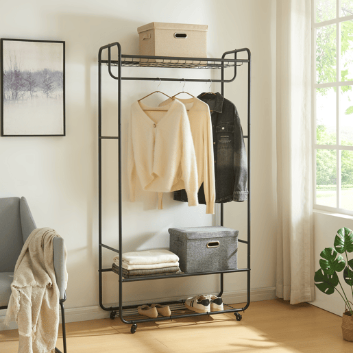 Bengaleiro Vestvågøy com 3 prateleiras em aço 176x90x40cm - Preto en.casa