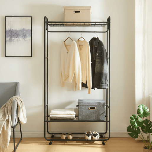 Bengaleiro Vestvågøy com 3 prateleiras em aço 176x90x40cm - Preto en.casa