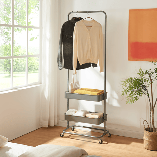 Bengaleiro Kumad com rodas 2 caixas metálicas 175x58x36cm - Cinzento escuro en.casa