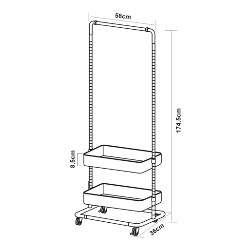 Bengaleiro Kumad com rodas 2 caixas metálicas 175x58x36cm - Cinzento escuro en.casa