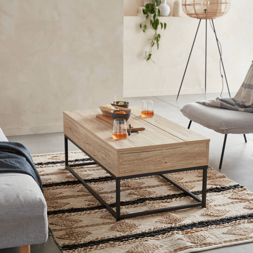 Mesa de centro com efeito madeira e tampo elevável, Loft, Natural, 100x55x40.5 cm Mesa de centro com efeito madeira e tampo elevável, Loft, Natural, 100x55x40.5 cm