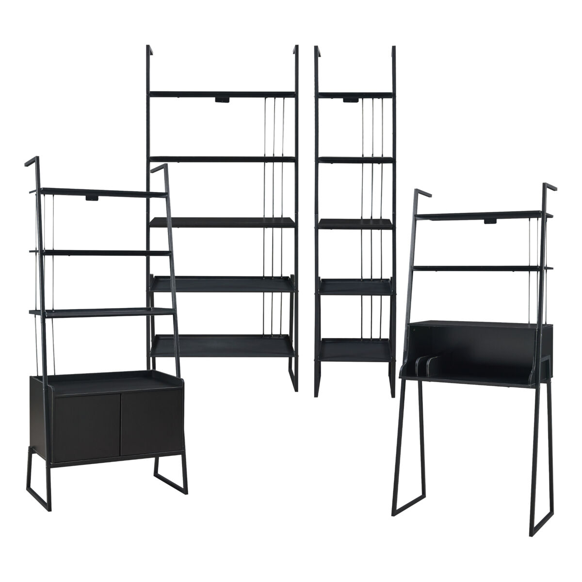 Set de muebles 'storfjord' 4 piezas: 1x escritorio y 3x estanterías escaleras metal - negro [en.casa]