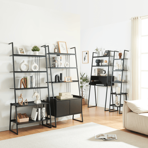 Conjunto de móveis 'Storfjord' 4 peças: 1x secretária 3x prateleiras metálicas em escada - Preto en.casa