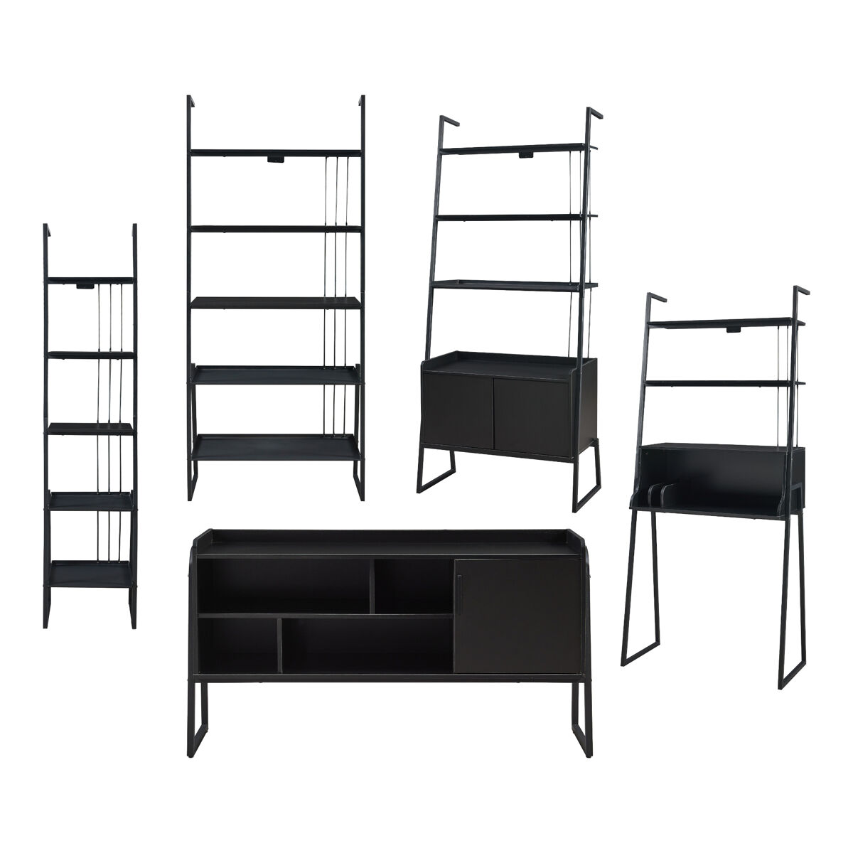 Set de muebles 'storfjord' 5 piezas: 1x escritorio 3x estanterías 1x mesa tv metal - negro [en.casa]