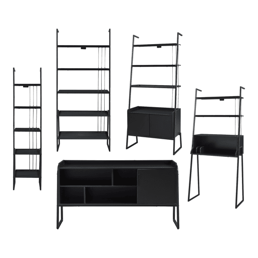 Conjunto de móveis 'Storfjord' 5 peças: 1x secretária 3x prateleiras 1x mesa de TV em metal - Preto en.casa