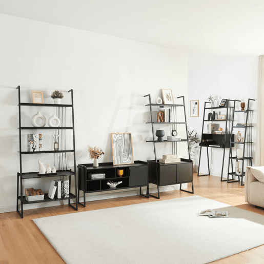Conjunto de móveis 'Storfjord' 5 peças: 1x secretária 3x prateleiras 1x mesa de TV em metal - Preto en.casa