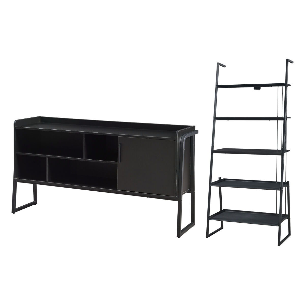 Set de muebles 'storfjord' 2 piezas: 1x estantería escalonada 1x mesa tv metal - negro [en.casa]