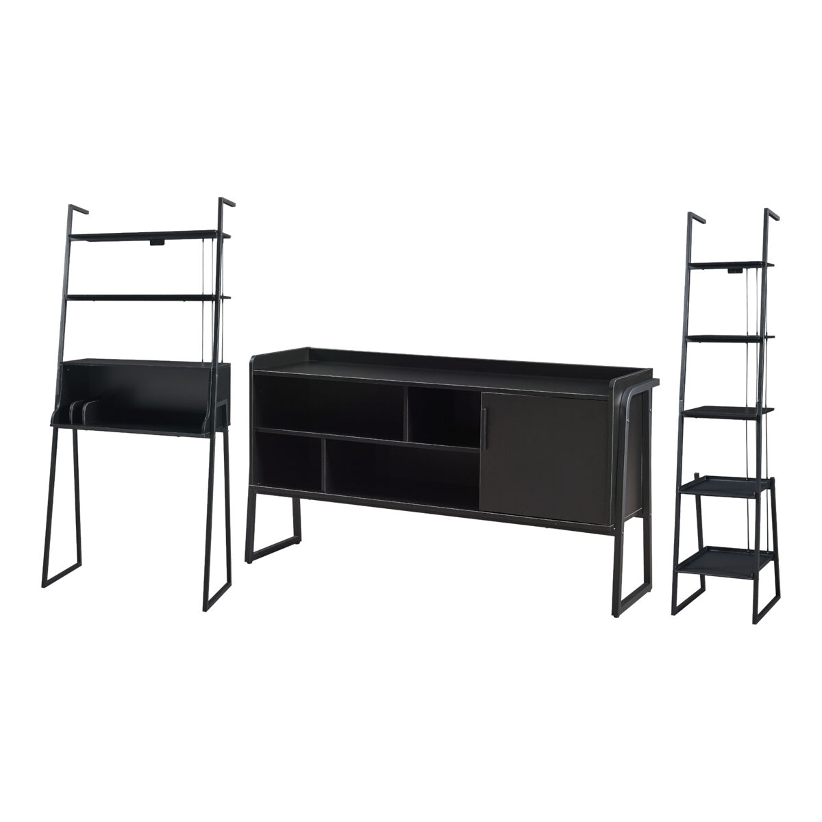 Set de muebles 'storfjord' 3 piezas: 1x escritorio 1 x estantería 1x mesa tv metal - negro [en.casa]