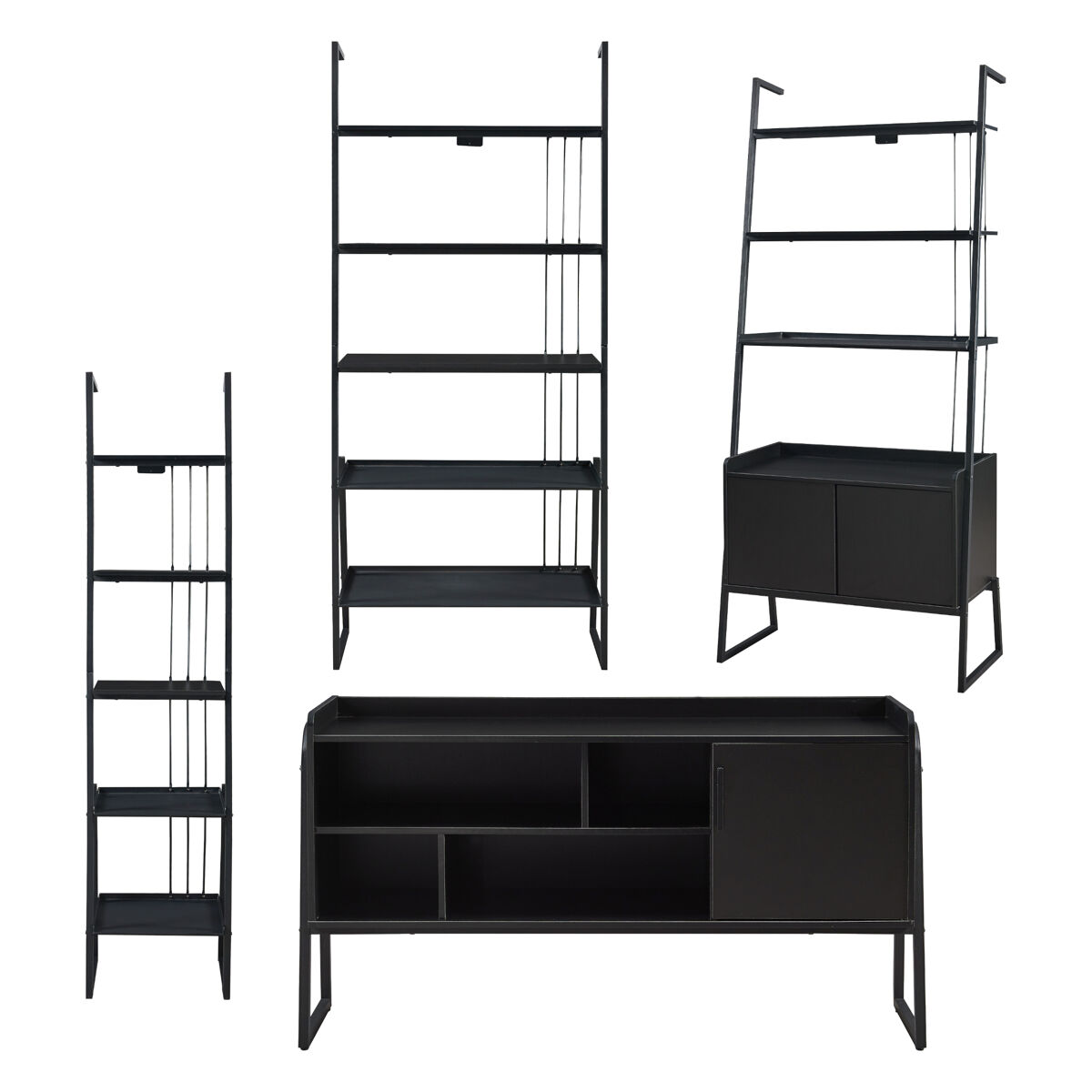 Set de muebles 'storfjord' 4 piezas: 3x estanterías escaleras 1x mesa tv metal - negro [en.casa]