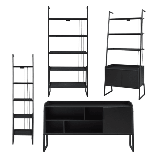 Conjunto de móveis 'Storfjord' 4 peças: 3x Prateleiras em escada 1x Mesa de TV em metal - Preto en.casa