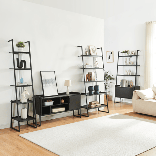 Conjunto de móveis 'Storfjord' 4 peças: 3x Prateleiras em escada 1x Mesa de TV em metal - Preto en.casa
