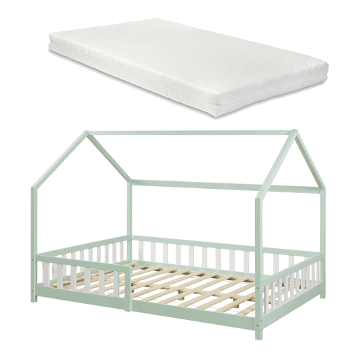 Cama de criança Hesel em forma de casa com grelha e colchão 120x200cm - Verde menta en.casa