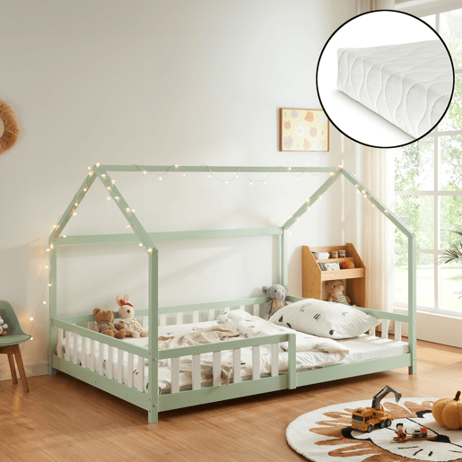 Cama de criança Hesel em forma de casa com grelha e colchão 120x200cm - Verde menta en.casa