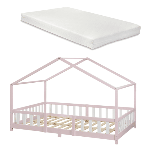 Cama de criança Treviolo forma de casa pinho + colchão 120x200cm - Rosa en.casa