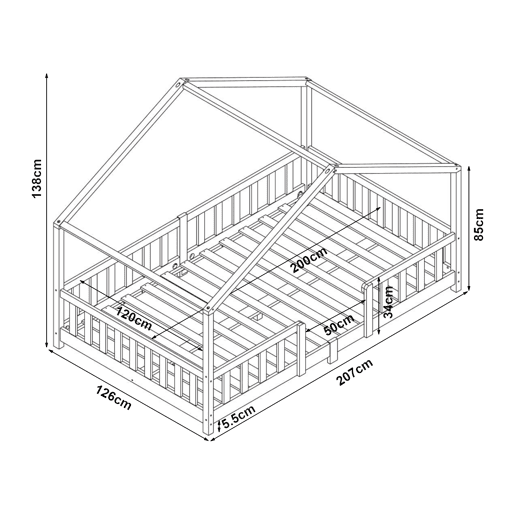 Cama de criança Treviolo forma de casa pinho + colchão 120x200cm - Rosa en.casa