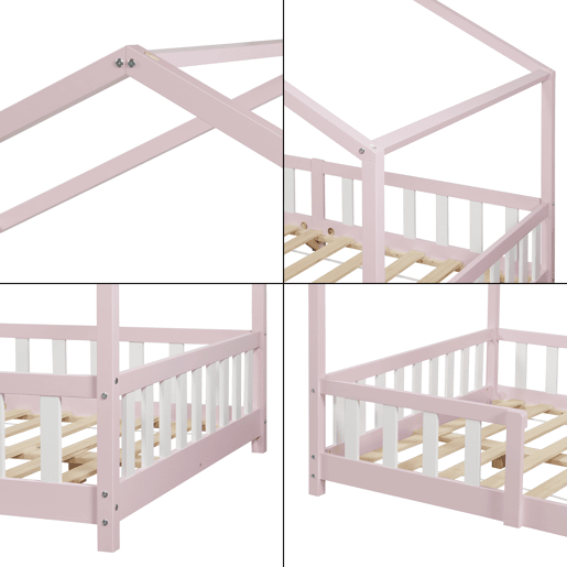 Cama de criança Treviolo forma de casa pinho + colchão 120x200cm - Rosa en.casa