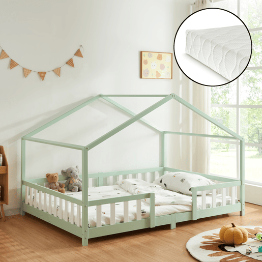 Cama de criança Treviolo forma de casa pinho + colchão 140x200cm - verde menta en.casa