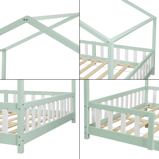 Cama de criança Treviolo forma de casa pinho + colchão 140x200cm - verde menta en.casa