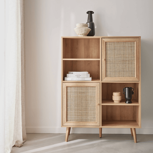 Aparador em cana e com efeito de madeira, 101.5cm, Boheme, Natural, 90x33x120 cm