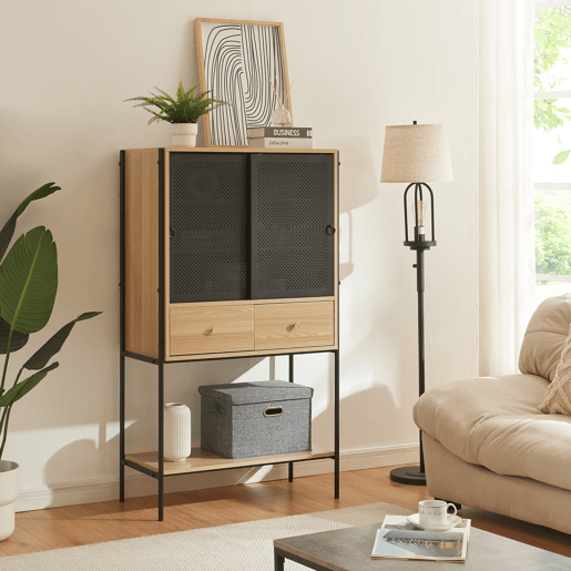 Aparador alto Tysnes com 2 portas 140x80x40 cm - Efeito pretocarvalho em casa.