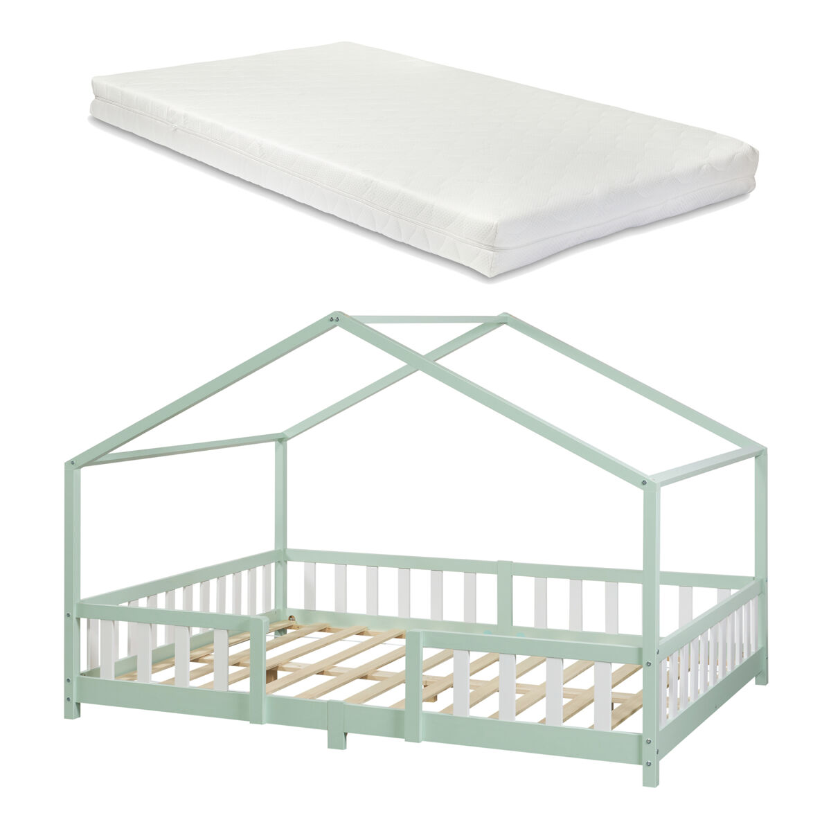 Cama para niños treviolo forma de casa pino + colchón 120x200cm - verde menta [en.casa]