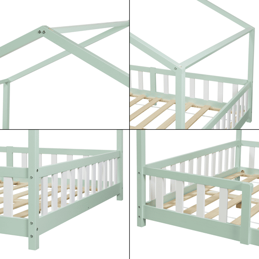 Cama de criança Treviolo forma de casa pinho + colchão 120x200cm - Verde menta en.casa