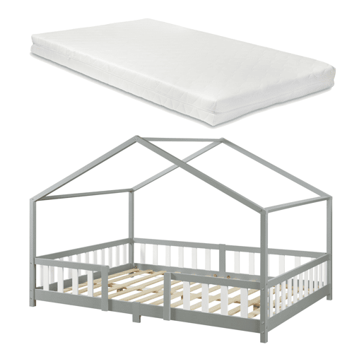 Cama de criança Treviolo forma de casa pinho + colchão 140x200cm - Cinzento en.casa
