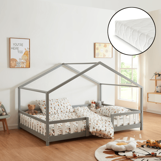 Cama de criança Treviolo forma de casa pinho + colchão 140x200cm - Cinzento en.casa