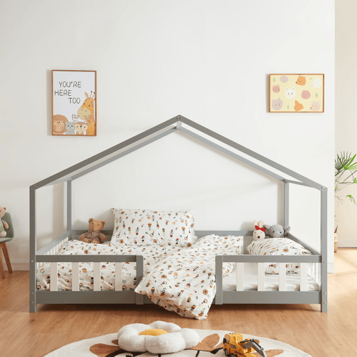 Cama de criança Treviolo forma de casa pinho + colchão 140x200cm - Cinzento en.casa